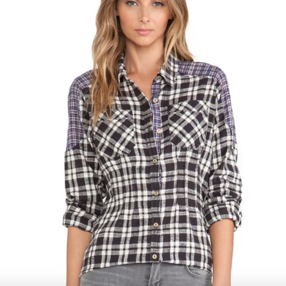 Free People Tops - Free People Revolve Catch Up With Me Plaid Shirt Black White Combo Flannel